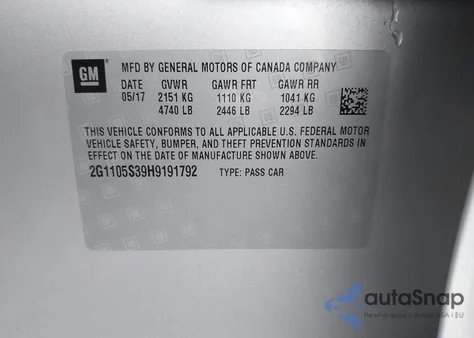 2017 Chevrolet Impala 1Lt z USA, uszkodzony, nr VIN 2G1105S39H9191792